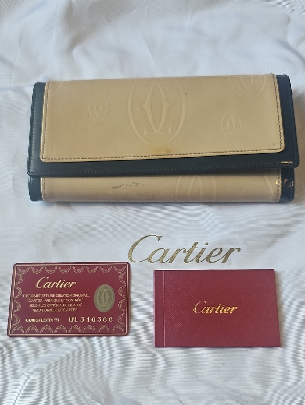 Cartier Two-Tone Beige and Black Embossed Patent Leather Continental Wallet